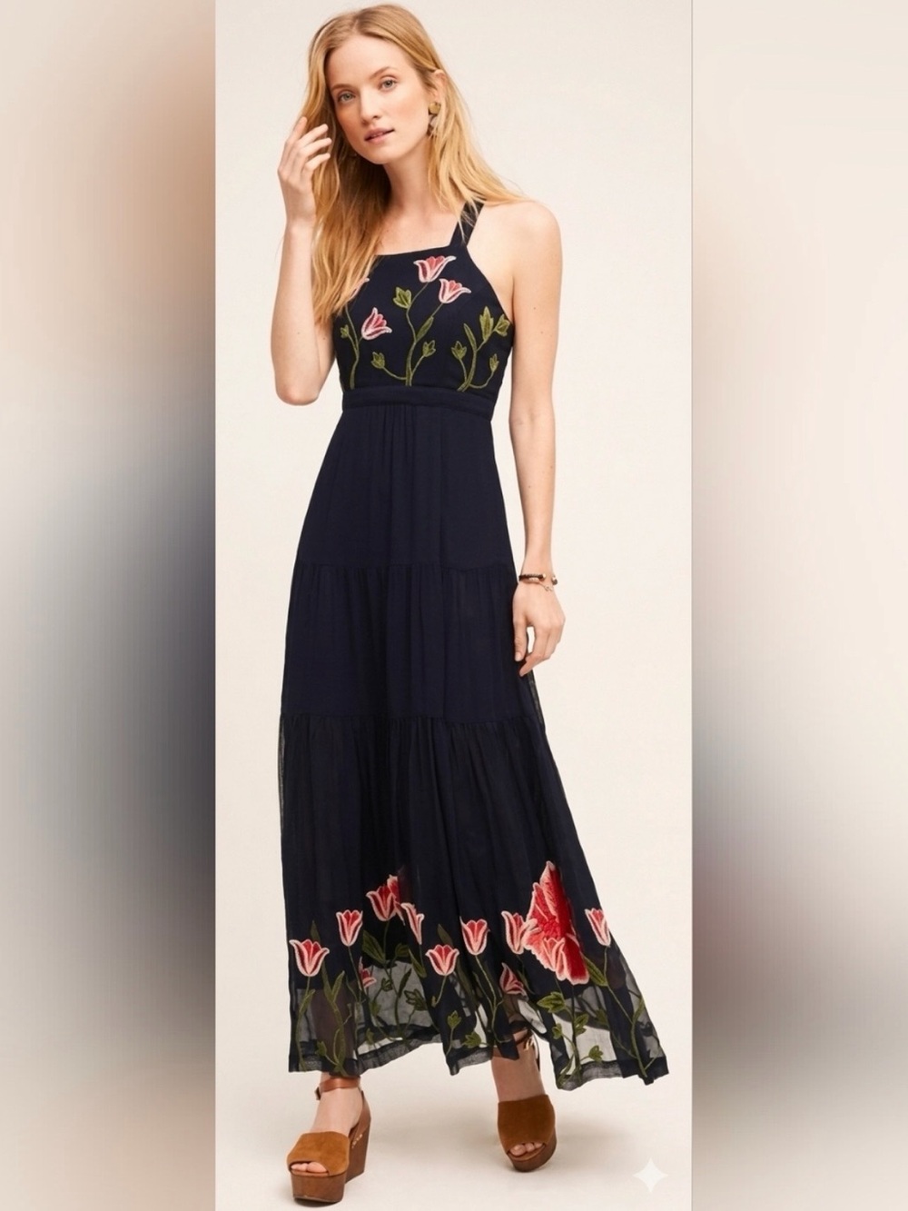 Anthropologie Floreat Tulipan Maxi Dress | Embroidered Floral | Navy | Size 0